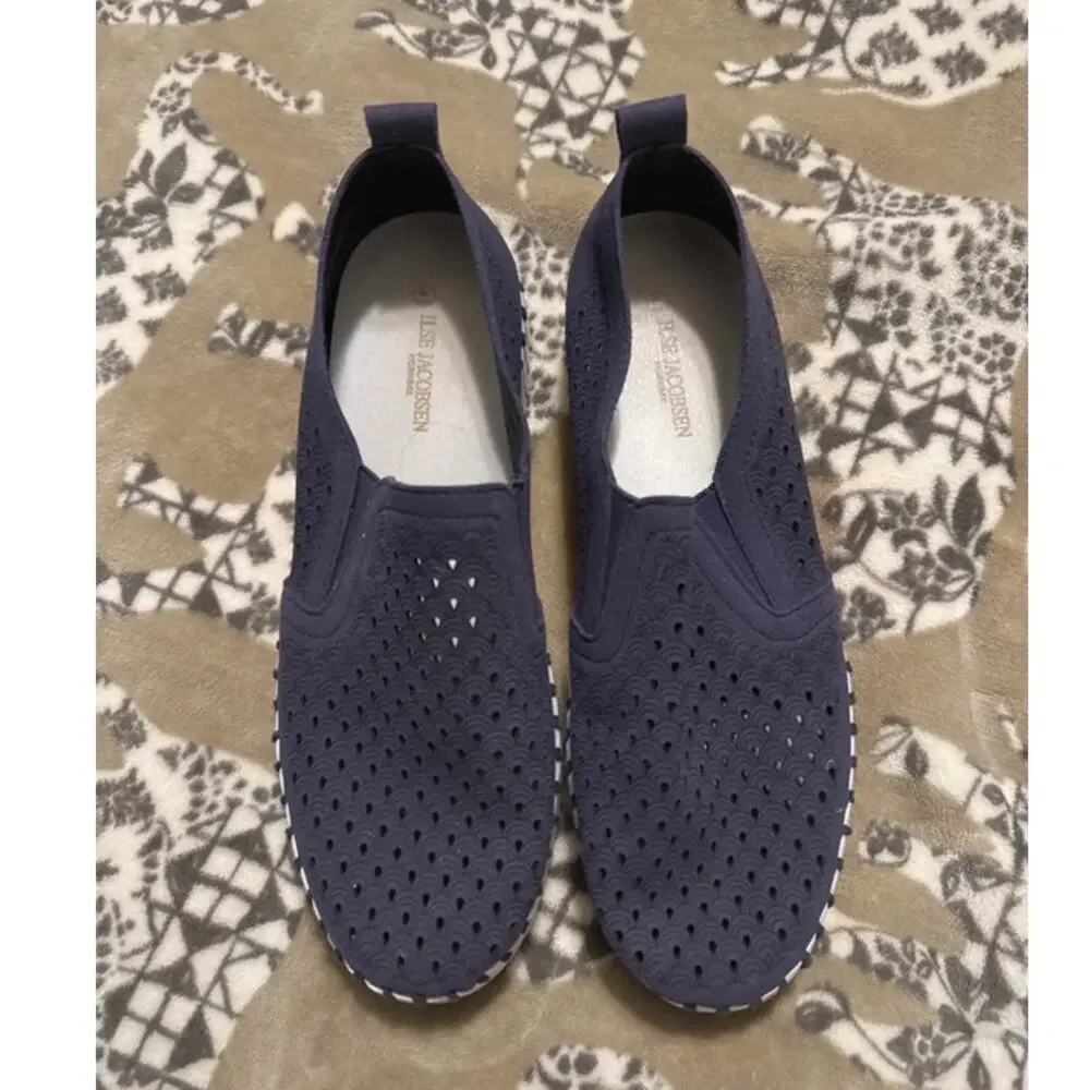 Ilse Jacobsen Hornbaek Tulip Perforated Slip-On Flats Navy Dark Purple Size 10